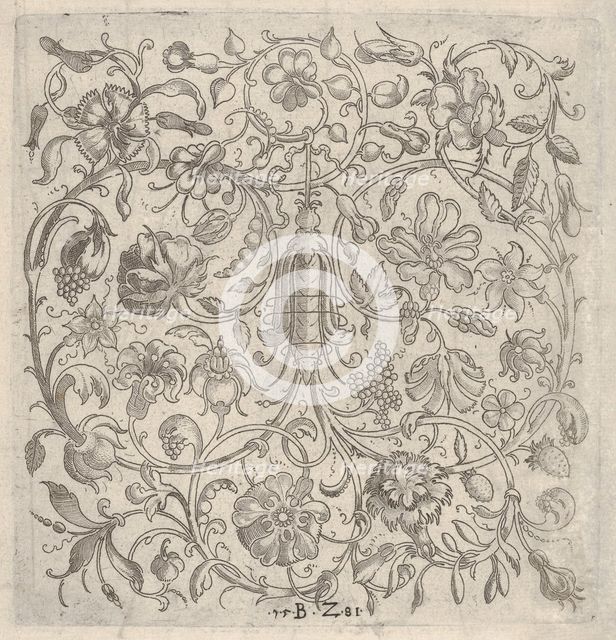 Square Panel with Vegetal Scrollwork, Flowers and Fruits, 1581. Creator: Bernhard Zan.