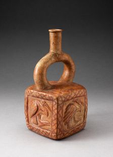 Square Stirrup Spout Vessel with Raised Bird Motifs, 100 B.C./A.D. 500. Creator: Unknown