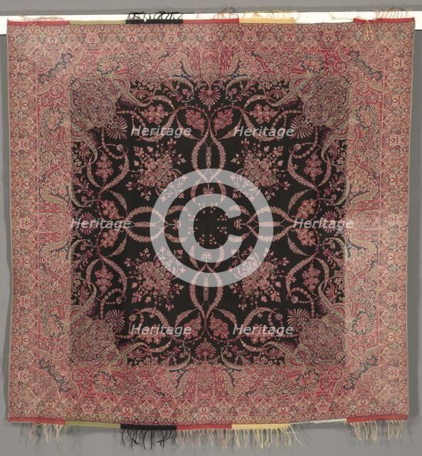 Square Shawl in Renaissance Style with Black Center and Quarter Shawl Layout, 1840s. Creator: Unknown.