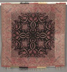 Square Shawl in Renaissance Style with Black Center and Quarter Shawl Layout, 1840s. Creator: Unknown