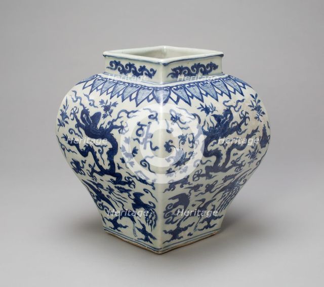 Square-Sided Jar with Dragons, Phoenixes, Cranes, and..., Ming dynasty, Wanli reign (1573-1620). Creator: Unknown.