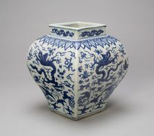 Square-Sided Jar with Dragons, Phoenixes, Cranes, and..., Ming dynasty, Wanli reign (1573-1620). Creator: Unknown
