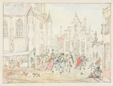 Square with people in the rain, 1782-1837. Creator: Pieter Bartholomeusz. Barbiers