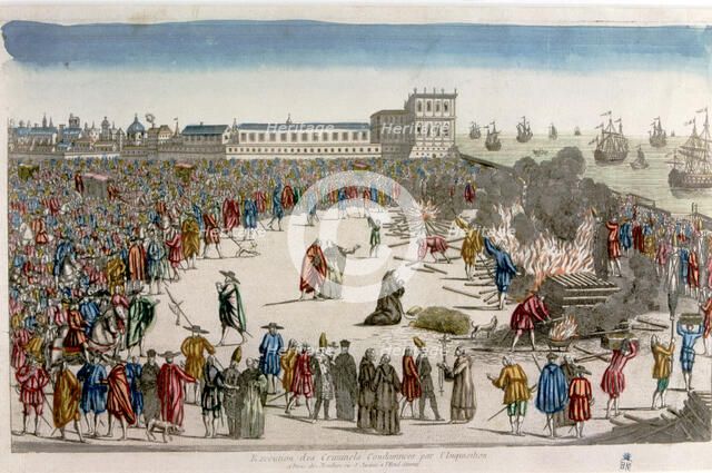 Square with the audience watching an execution 'The quemadero', colored engraving.
