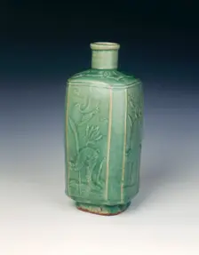 Squared celadon glazed bottle, late Ming dynasty, China, early 17th century. Creator: Unknown