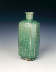 Squared celadon glazed bottle, late Ming dynasty, China, early 17th century. Creator: Unknown