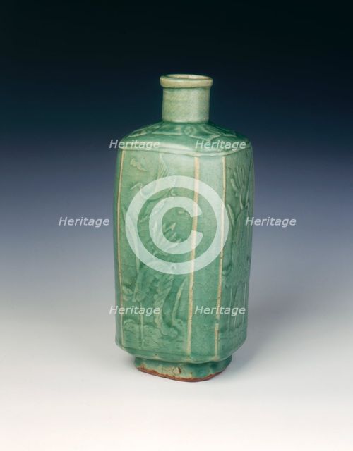 Squared celadon glazed bottle, late Ming dynasty, China, early 17th century. Creator: Unknown.