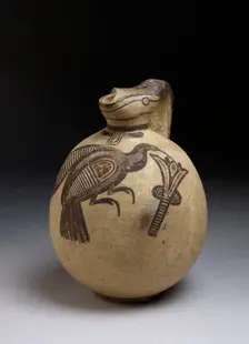 Squat bichrome jug in free-field style with image of bird picking a lotus, c750-480BC
