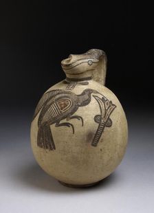 Squat bichrome jug in free-field style with image of bird picking a lotus, c750-480BC