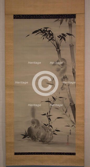 Squirrels on Bamboo and Rock, 19th century. Creator: Kano Osanobu.