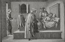 St Cosmas and St Damian visiting a sick person and administering aid, 1877. Creator: Jules Jean Marie Joseph Huyot