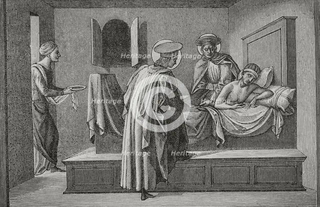 St Cosmas and St Damian visiting a sick person and administering aid, 1877.  Creator: Jules Jean Marie Joseph Huyot.