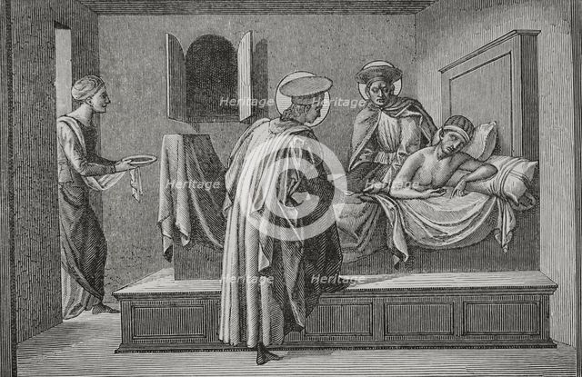 St Cosmas and St Damian visiting a sick person and administering aid, 1877.  Creator: Jules Jean Marie Joseph Huyot.