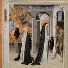 St. Catherine of Siena and the Beggar, 1460s. Creator: Giovanni di Paolo (Italian, c. 1403-1482)
