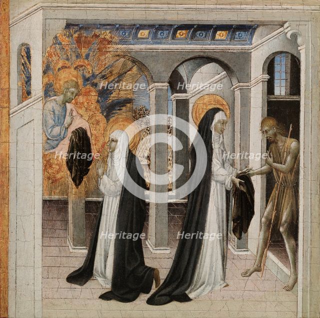 St. Catherine of Siena and the Beggar, 1460s. Creator: Giovanni di Paolo (Italian, c. 1403-1482).