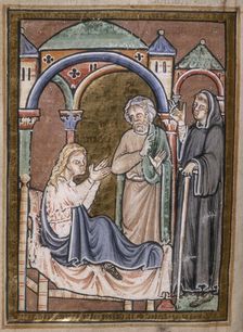 St Cuthbert drives out a devil from the wife of Hildemer, a prefect of King Ecgfrid, 1200. Creator: Unknown