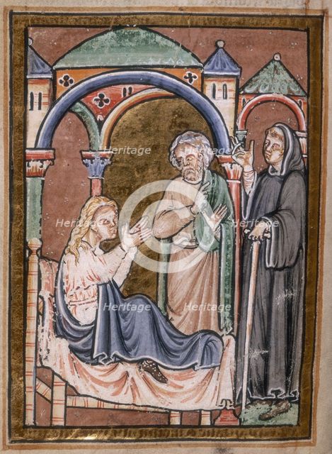 St Cuthbert drives out a devil from the wife of Hildemer, a prefect of King Ecgfrid, 1200.  Creator: Unknown.