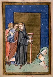 St Cuthbert shows a dolphin sliced in three and ready for cooking, 1200. Creator: Unknown