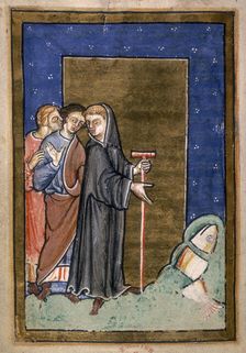 St Cuthbert shows a dolphin sliced in three and ready for cooking, 1200. Creator: Unknown