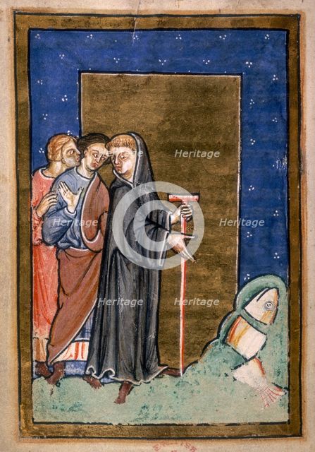 St Cuthbert shows a dolphin sliced in three and ready for cooking, 1200.  Creator: Unknown.