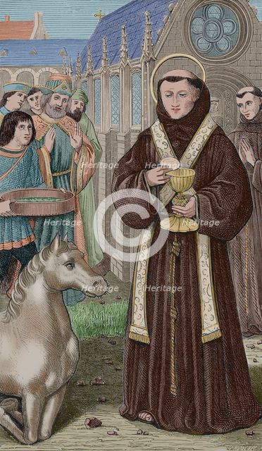 St Anthony of Padua, (1195-1231) wishing to demonstrate to a heretic who asked him for a...(1877).  Creator: Unknown.