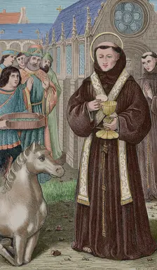 St Anthony of Padua, (1195-1231) wishing to demonstrate to a heretic who asked him for a...(1877). Creator: Unknown