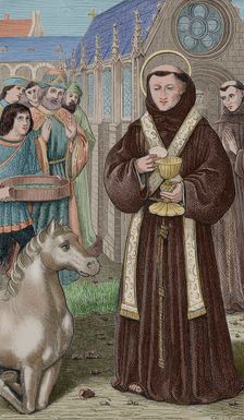 St Anthony of Padua, (1195-1231) wishing to demonstrate to a heretic who asked him for a...(1877). Creator: Unknown