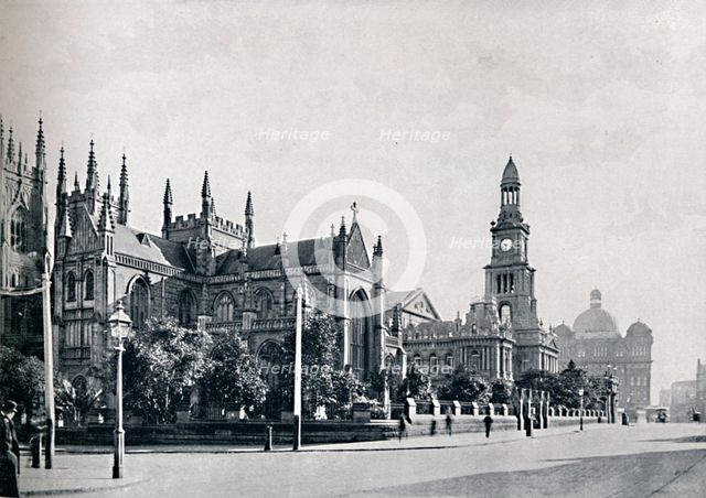 'St. Andrew's Cathedral, Sydney Town Hall, and Market Buildings, c1900. Creator: Unknown.