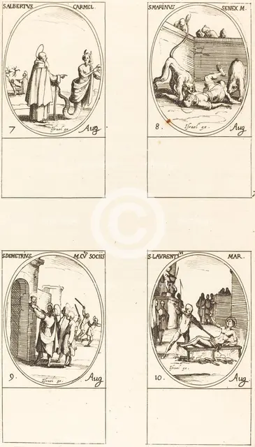 St. Albert of Sicliy, Carmelite; St. Marinus;St. Demetrius and Companions; St. Lauren. Creator: Jacques Callot.