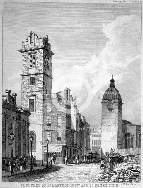 St Bartholomew-by-the-Exchange and St Benet Fink, City of London, 1840. Artist: George Hollis