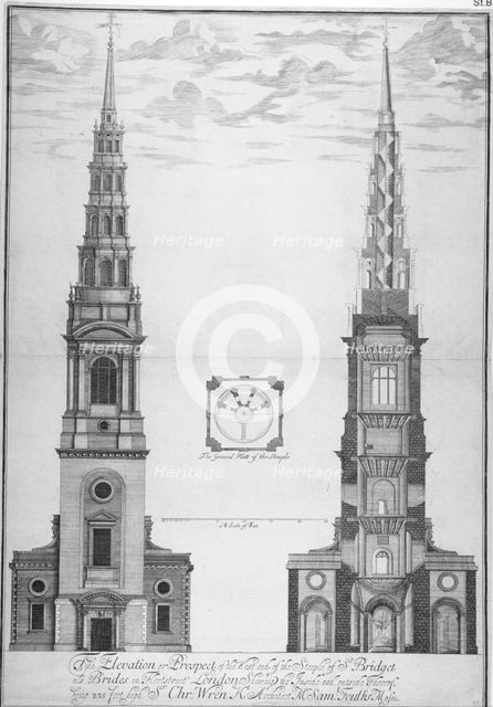 St Bride's Church, Fleet Street, City of London, 1700. Artist: Anon