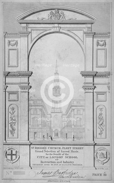 St Bride's Church, Fleet Street, City of London, 1827. Artist: W Wallis