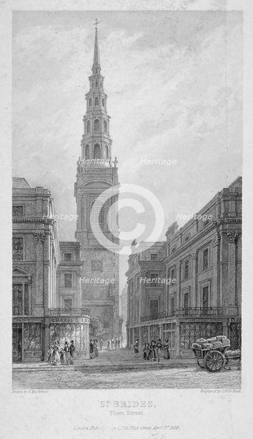 St Bride's Church, Fleet Street, City of London, 1839. Artist: John Le Keux