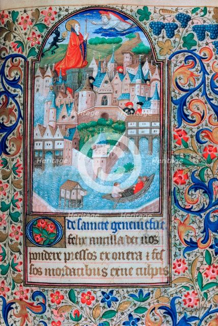 St Genevieve praying on the towers of Notre Dame, Paris, 15th century. Artist: Unknown