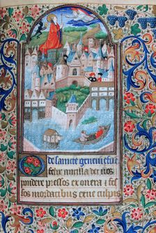 St Genevieve praying on the towers of Notre Dame, Paris, 15th century