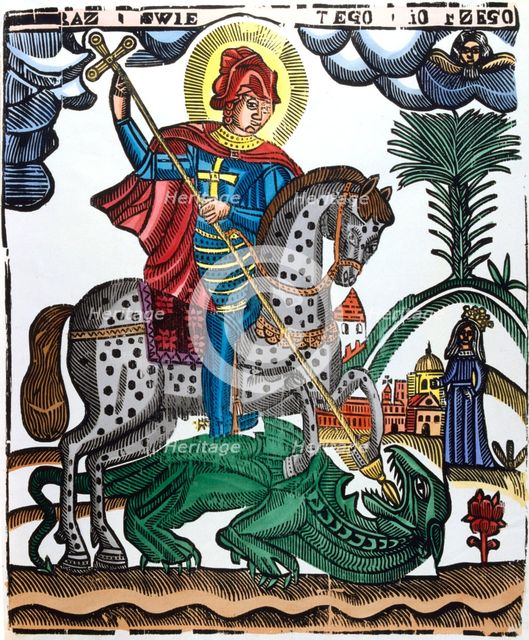 St George, mounted on a spotted horse, killing the dragon, 19th century. Artist: Anon