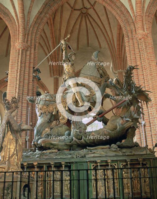 St George and the Dragon statue, inside the Storkyrkan Church, Stockholm, Sweden.