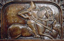 St George killing the dragon, chest carving, St Edmund's Church, Southwold, Suffolk. Artist: Ken Murrell