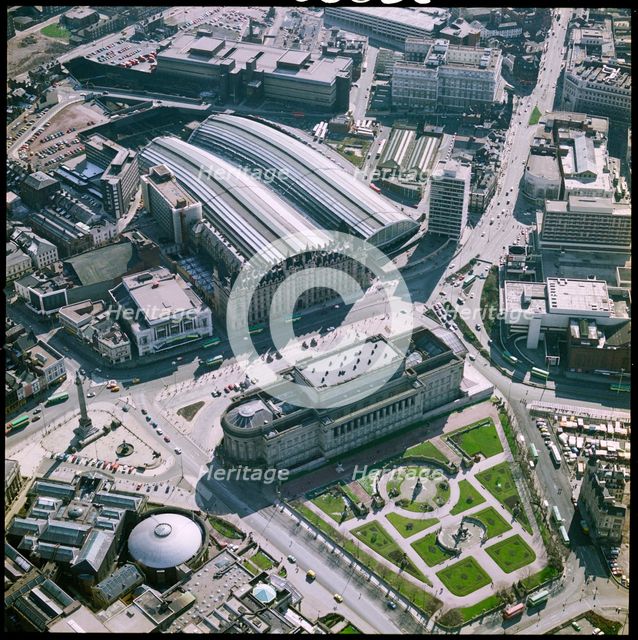 St George's Hall, St John's Gardens and Lime Street Railway Station, Liverpool, Merseyside, 1980. Creator: Aerofilms.