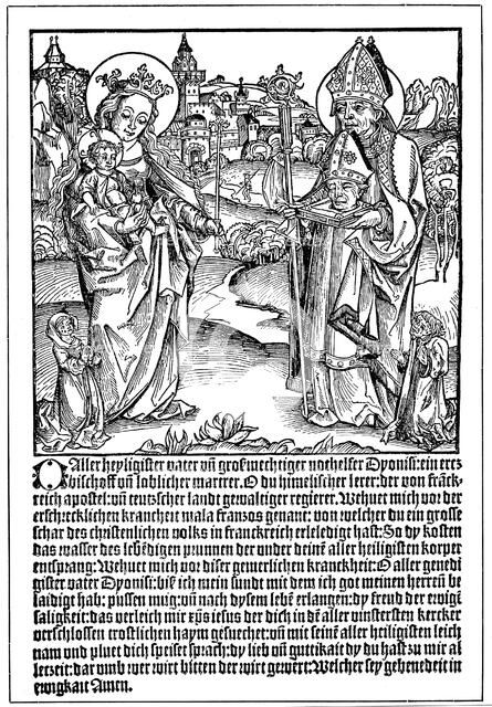 St Dionysius praying to the Virgin and Child for help to overcome the curse of Syphilis. Artist: Unknown