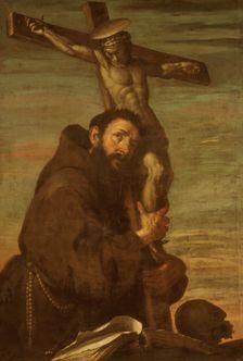 St Francis of Assisi embracing a crucifix, early 17th century. Creator: Bernardo Strozzi