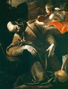 St. Francis of Assisi in Ecstasy before a Cherub with a Violin, between 1628 and 1630. Creator: Gioacchino Assereto