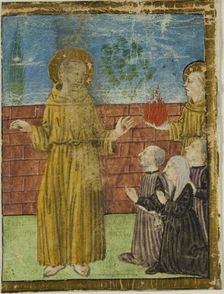 St. Francis of Assisi with Donors in a Historiated Initial from an Unidentified Manuscript, c. 1400. Creator: Unknown