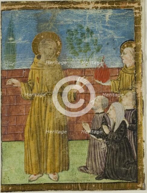 St. Francis of Assisi with Donors in a Historiated Initial from an Unidentified Manuscript, c. 1400. Creator: Unknown.