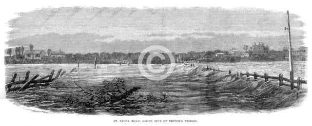St Kilda Road, south side of Prince's Bridge - Floods at Melbourne, Australia, 1864. Artist: Unknown