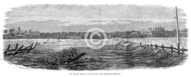 St Kilda Road, south side of Prince's Bridge - Floods at Melbourne, Australia, 1864. Artist: Unknown