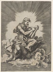 St. John, seated and holding a writing instrument to a tablet, an eagle with outstre..., after 1518. Creator: Unknown