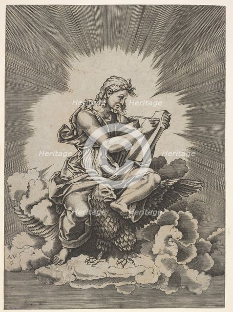 St. John, seated and holding a writing instrument to a tablet, an eagle with outstre..., after 1518. Creator: Unknown.