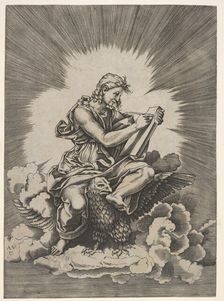 St. John, seated and holding a writing instrument to a tablet, an eagle with outstre..., after 1518. Creator: Unknown