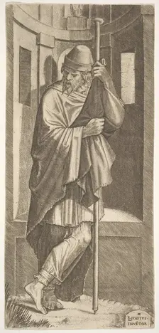 St. James Major leaning on a pole before a niche, his left leg crossed over his right, fro..., 1545. Creator: Lambert Suavius